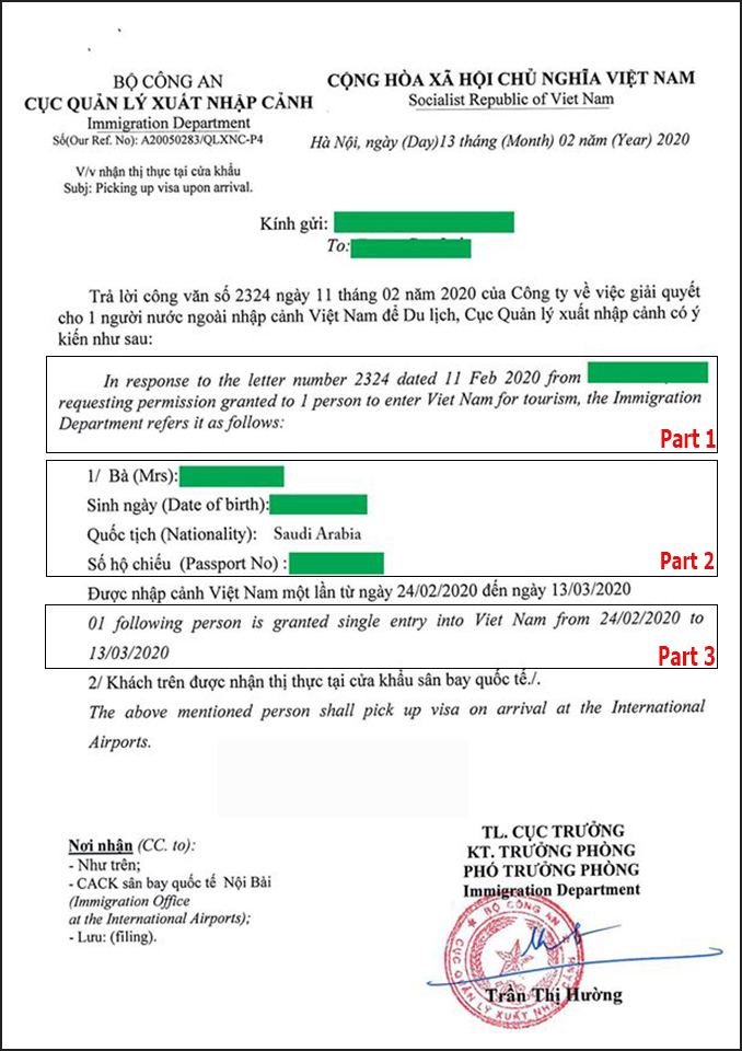 Sample of Vietnam visa approval letter